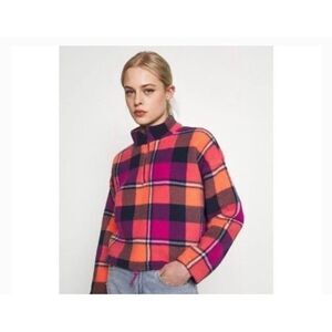 American Eagle Women Plaid Sherpa Fleece Pullover zip Size XS preppy pink blue